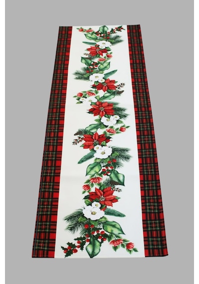 Masa Örtüsü Runner Yılbaşı Temalı Çiçek Desenli 140x40 Raşel Örme Kadife Dijital Baskı Çok Renkli