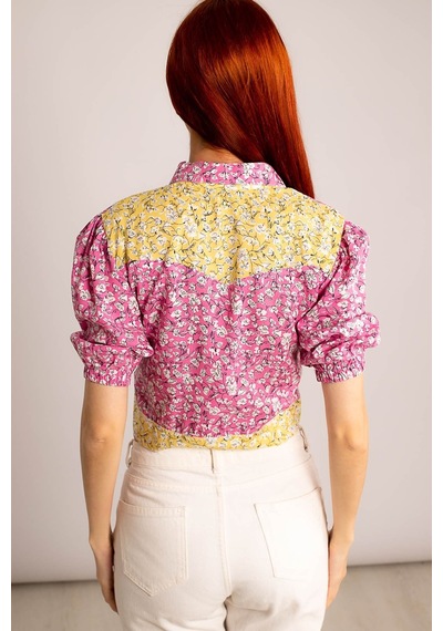 Armonika Kadın Pembe Kolu Lastikli Cepli Sırt Detaylı Crop Gömlek Arm-23y001006