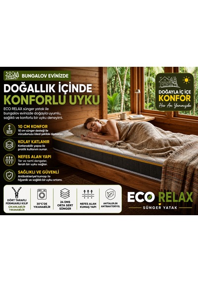 Eco Relax 10 Cm Sünger Yatak Yer Yatağı, Misafir Yatağı Ve Ranza Uyumlu Fermuarlı Yıkanabilir Kılıf 24 Dns Orta Sert Sünger Tek Kişilik