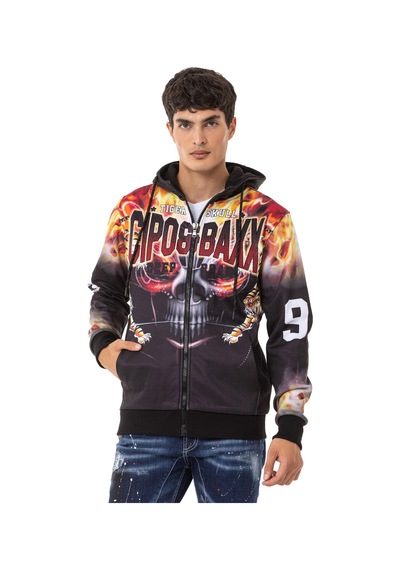 Cipo & Baxx Cl546 Kurukafa Ve Alev Baskılı Erkek Zip Sweatshirt 001