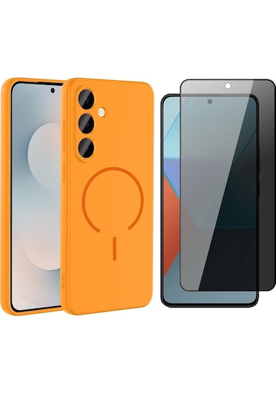 Vendas Samsung Uyumlu Galaxy A36 Kılıf M-safe Şarj Özellikli Zore Meta Kapak + Hayalet Ekran Koruyucu Turuncu
