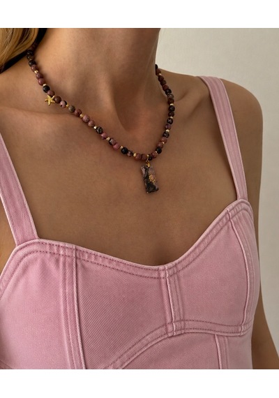 El Yapımı Aaa Kalite Rodonit Doğal Taşlı Kolye Pembe