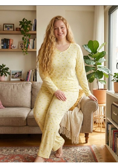 Büyük Beden Yumuşak Tuşeli Uzun Kol Likralı Pijama Takımı Sarı