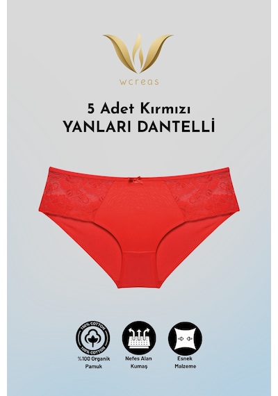 Wcreas Yanları Dantelli Pamuklu Kadın Bato Külot, 5'li Paket Pamuklu Yumuşak Kumaş Dantelli Külot Kırmızı