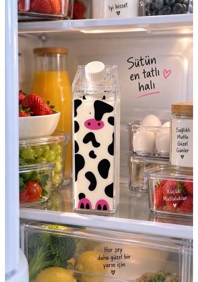 İnek Desenli Sütlük Dekoratif Buzdolabı Süt Kabı 500 Ml Çok Renkli
