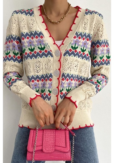 Femelle Kadın Otantik Desen Ajur Detaylı Standart Beden Vintage Örme Triko Hırka S / M Uyumlu Bej Femelle Kadın Otantik Desen Ajur Detaylı Standart Beden Vintage Örme Triko Hırka S / M Uyumlu Bej
