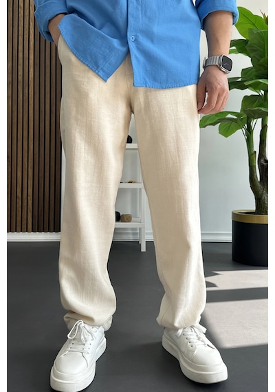 Edwox Erkek Beli Düğmeli Pantolon Krem Edw469