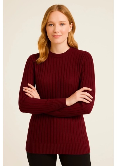 Defymoda Bisiklet Yuvarlak Yaka Triko Kazak Pamuklu Kalın Fitilli Dokuma, Regular Fit Uzun Kollu Kışlık Model Bordo