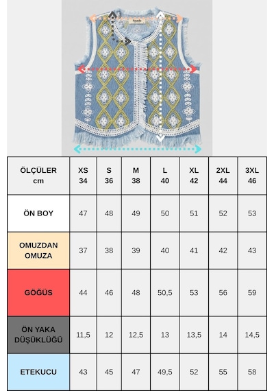 Saade Sââde Kadın Bisiklet Yaka Zincir Nakışlı & Saçaklı Denim Crop Yelek Mavi