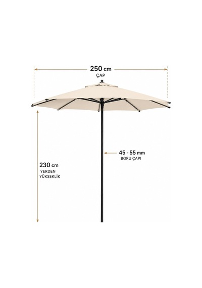 Alubrella Bahçe,güneş Şemsiyesi Krem Renk Yuvarlak 250 Cm Çap/8 Çelik Tel Bidonsuz Antrasit
