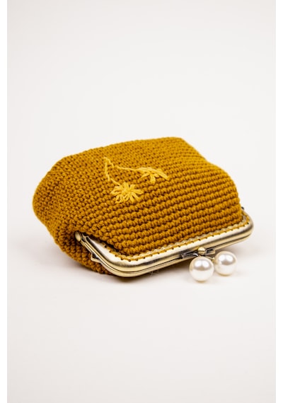 Fabric Craft Bag Kadın Örgü Cüzdan Klipsli, Merserize İplik Çiçek Nakışlı Cüzdan Hardal Sarısı