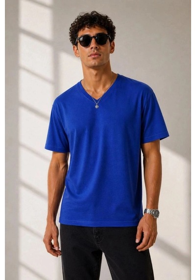 Freedom Storee Erkek V Yaka Basic Tişört Kısa Kol Yazlık Regular Fit T-shirt - Saks Mavisi Çok Renkli