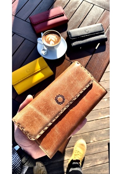 Brownline Örgü Detaylı Taba Kadın Hakiki Deri Cüzdan Taba