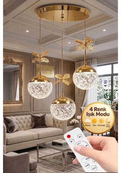 LumiaLighting Küre Model 3'lü Gold Kumandalı 3 Renk Modu Ledli Kristal Taşlı Modern Salon Mutfak Oturma Odası Led Avize