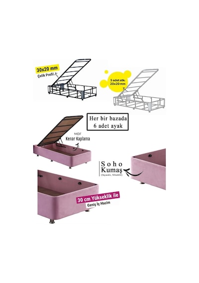 Nironyatak Pinky Baza - 90X190 Cm Tek Kişilik Sandıklı Pembe Kumaş Özel Baza