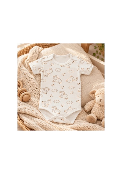 Cantaz Unisex Bebek Kuzu Desenli %100 Pamuk Kısa Kollu Çıtçıtlı Body Zıbın Krem