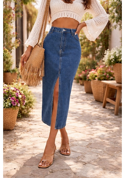 Kadın Denim Esnek Kumaş Yırtmaçlı Uzun Etek Koyu Mavi
