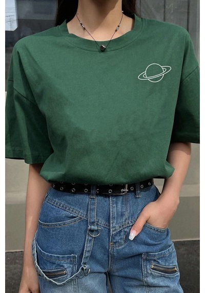 Flood Of Style Kadın Nefti Yeşili Figür Satürn Baskılı Oversize Yeşil