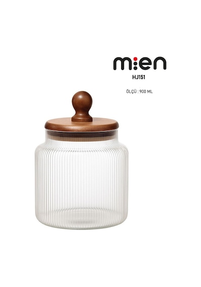 Mien Akasya Kapak Ball Cam Kavanoz 900ml Ahşap - Şeffaf