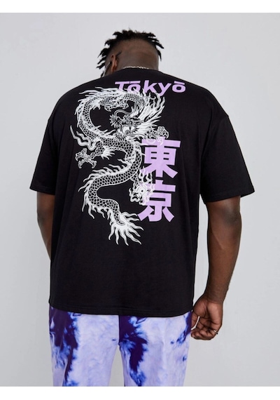 Flood Of Style Erkek Siyah Tokyo Ejderha Baskılı Oversize Bisiklet Yaka Tişört