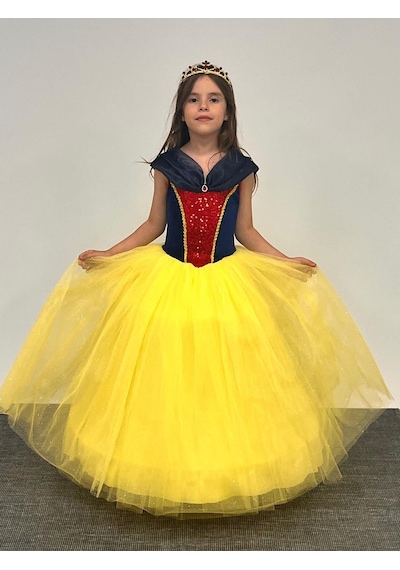 Butikhappykids Pamuk Prenses Kostümü Kasnaklı Düşük Omuz Detaylı Prenses Elbise 3-8 Yaş Taç Hediyeli Sarı