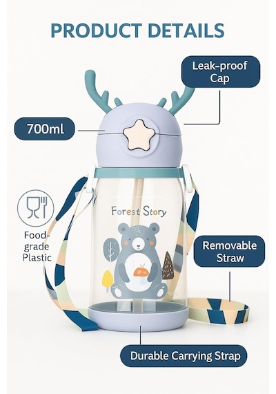 Lexroo Geyik Figürlü Pipetli Su Matarası 700 Ml Askılı Sticker Hediyeli Çocuk Suluk Gıda Sınıfı Çok Renkli
