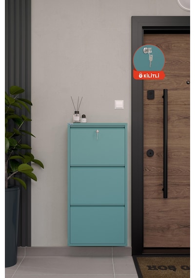 Ceha Kilitli 3'lü Metal Ayakkabılık - Turkuaz K.AYK-3/P6034/KL