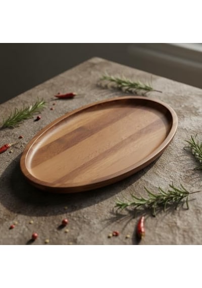 Akasya Ağacı Oval Sunum Tabağı 28x18 Cm Yükseltilmiş Kenarlı Doğal Ahşap Servis Tepsisi Kahve, Peynir Ve Diğer