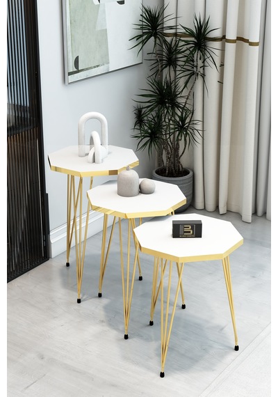 3'lü Sekizgen Zigon Sehpa Seti - Gold Metal Ayaklı, Modern & Şık Yan Sehpa, Dayanıklı Salon Ofis Beyaz