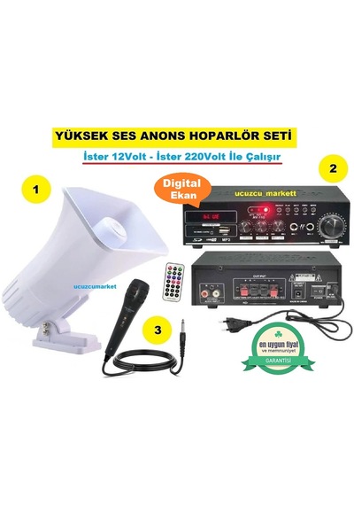 Pazarcı Anons Seslendirme Hoparlör Seti Bluetooth - Usb - Sd Kart - 2 Mikrofon Girişli Amfi / Açık Hava Horn Hoparlör / Mikrofon