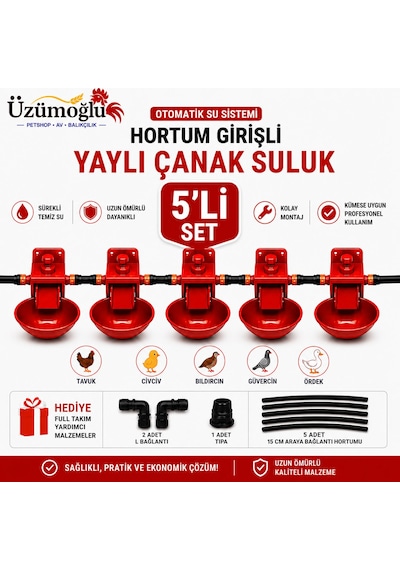 5 Adet Hortum Girişli Yaylı Çanak Suluk Otomatik Tavuk Civciv Suluk Sistemi