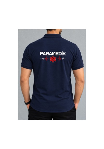 Paramedik Baskılı Polo Yaka %100 Pamuklu Tişört Lacivert