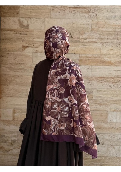 Qalortex Scarf Pamuklu Mimoza Desen Şal- Mürdüm