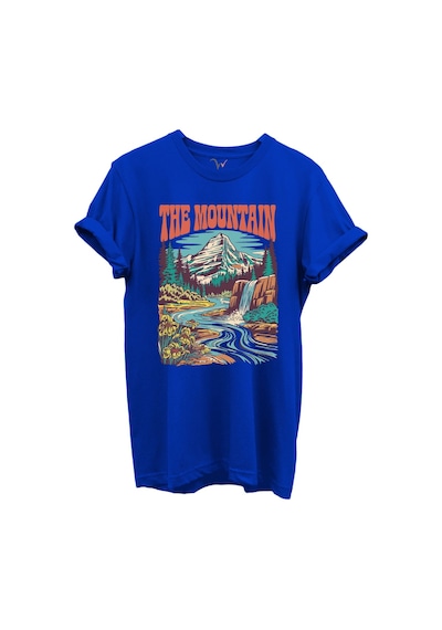 The Mountain Yazılı Dağ Manzarası Ve Şelale Baskılı %100 Pamuk Regular Fit Unisex T-shirt Mavi