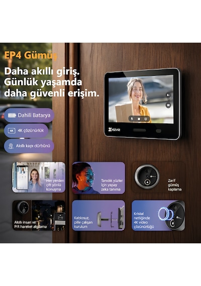 Ep4 4k Akıllı Görüntülü Kapı Dürbünü 5.5'' Dokunmatik Ekran Yüz Tanıma Aı İnsan Algılama Pır Çift Yö