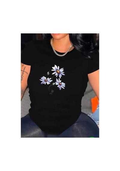Medinenur Papatya Desenli Basic T-shirt Siyah