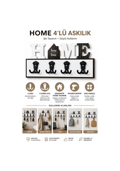 Home Dekoratif Duvar Askılığı 4 Lü 8 Asma Uçlu Mont Çanta Anahtar Askısı 45x20 Cm Gri