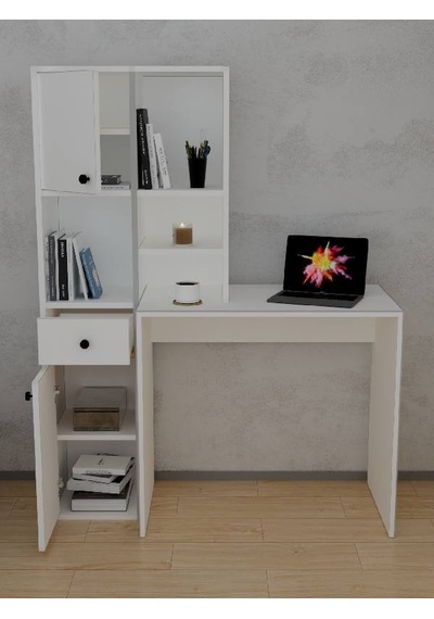 Smyrna Dolaplı Raflı Çekmeceli Kitaplıklı Çalışma Masası Beyaz