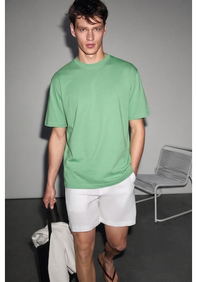 Grımelange Solo Erkek Organik Pamuklu Kalın Dokulu Comfort Fit Bisiklet Yakalı Lime T-shirt Yeşil
