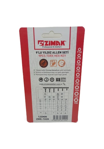 Zimak 9lu Torx Delikli Alyan Seti Mıknatıslı 120mm Zmk1020
