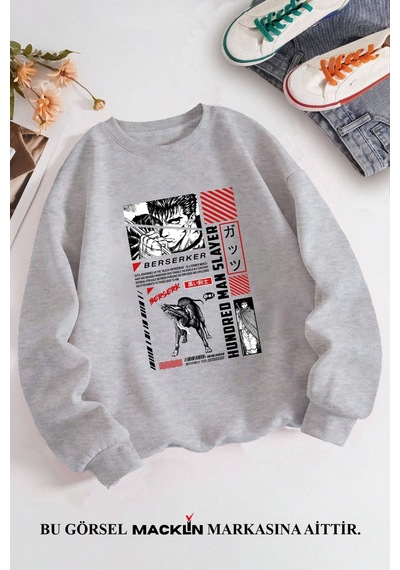 Macklin Unisex Kadın Erkek Berserk Anime Özel Tasarım Baskılı Bisiklet Yaka Sweatshirt Gri Mck1363 Gri