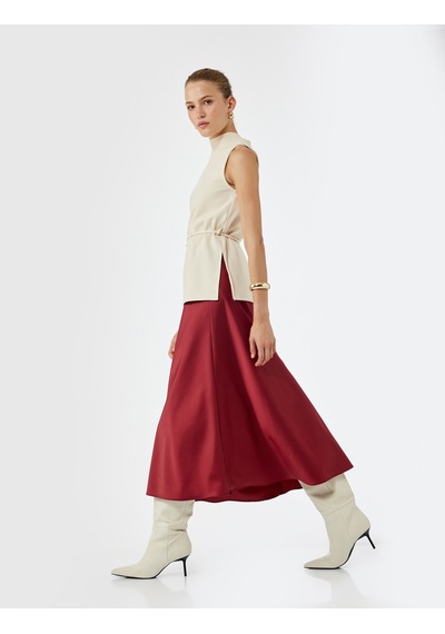 Koton Standart Bel Regular Fit Saten Midi Etek Bordo 6wak70006pw Bordo