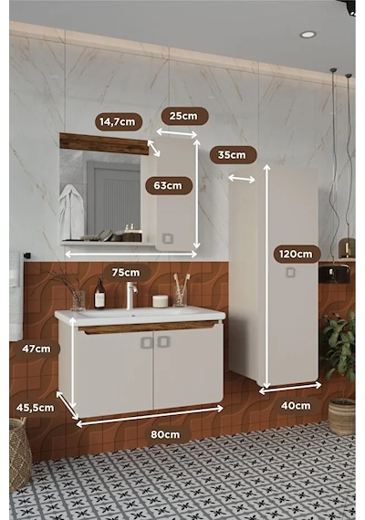 Selvi 80 Cm %100 Mdf Lavabolu Banyo Dolabı Aynalı Dolaplı Üst Dolap Lavabo Boy Dolabı Krem