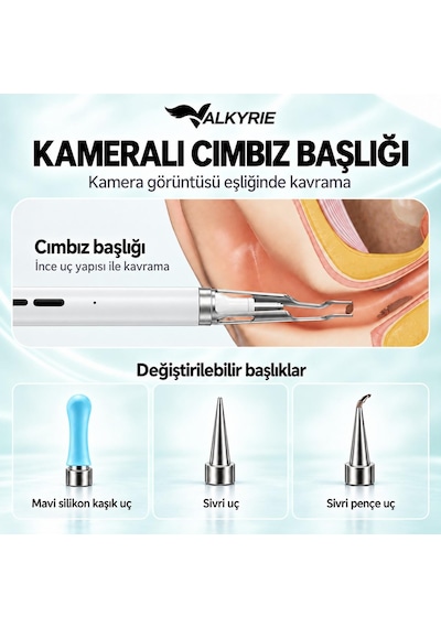 Valkyrie Kameralı Kulak Temizleme Cihazı Wi-fi Hd Kamera Led Işıklı Cımbız Başlıklı Type-c Şarjlı Set