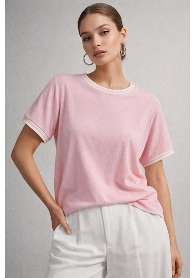 Kadın Pembe Bisiklet Triko Yaka Kısa Kollu Basic T-shirt Pembe