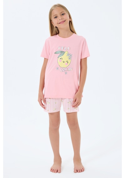 Rolypoly 3777 %100 Pamuk Kız Çocuk Kısa Kol Cepli Şort Pijama Takımı Somon