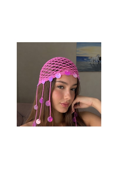 Kadın El Emeği Pullu File Bandana Şapka Saç Bandı Pembe Pembe