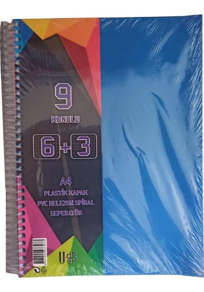 6+3 Ayraçlı Defter 9 Konulu 225 Yaprak 1 Adet 6 Kareli 3 Çizgili Spralli Plastik Kapak Seperatörlü Mavi