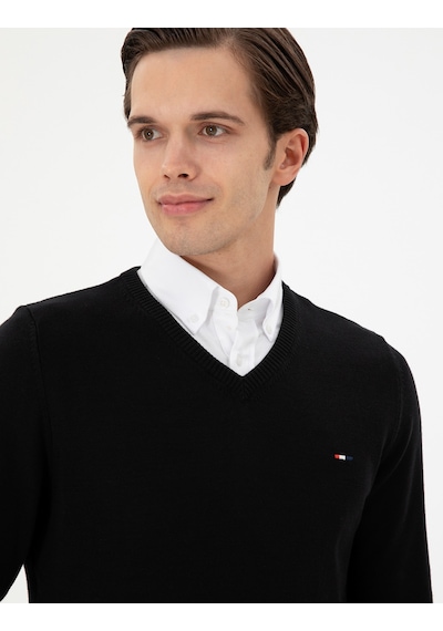 U.S. Polo Assn. Erkek Slim Fit V Yaka Siyah Basic Kazak 50298283-VR046