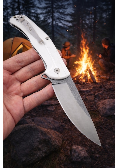 El Yapımı N690 Böhler Çelik Kamp Çakı İçten Kilitli, Kemer Klipsli Outdoor Tasarım Beyaz